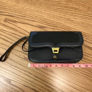The Limited black & blue clutch with gold clasp and mirror